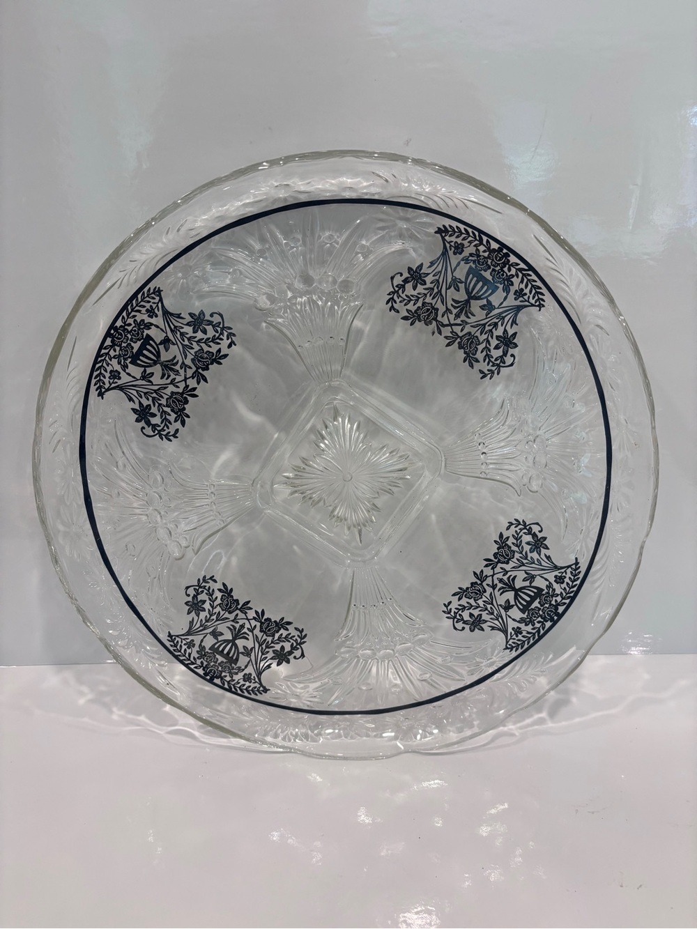 Vintage Pressed Glass Divided Serving Tray Black Floral Relish Dish 13.5”